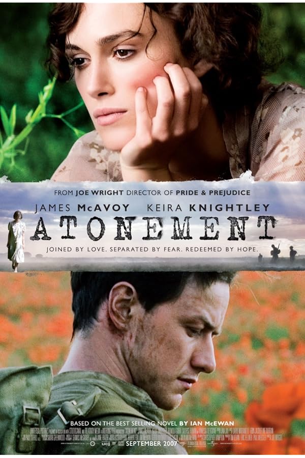 Split poster: pensive woman, soldier, Atonement