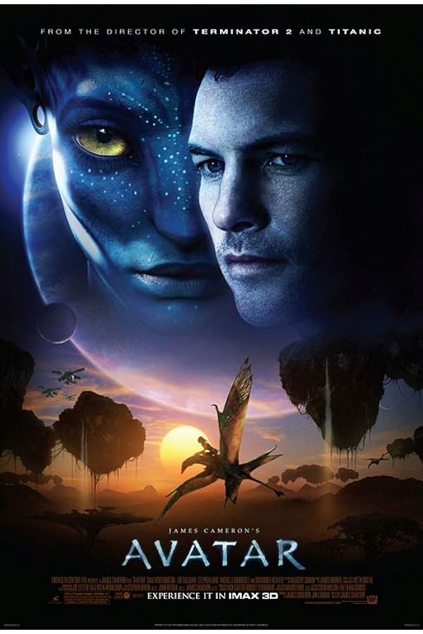 Na'vi face beside human profile, flying creature