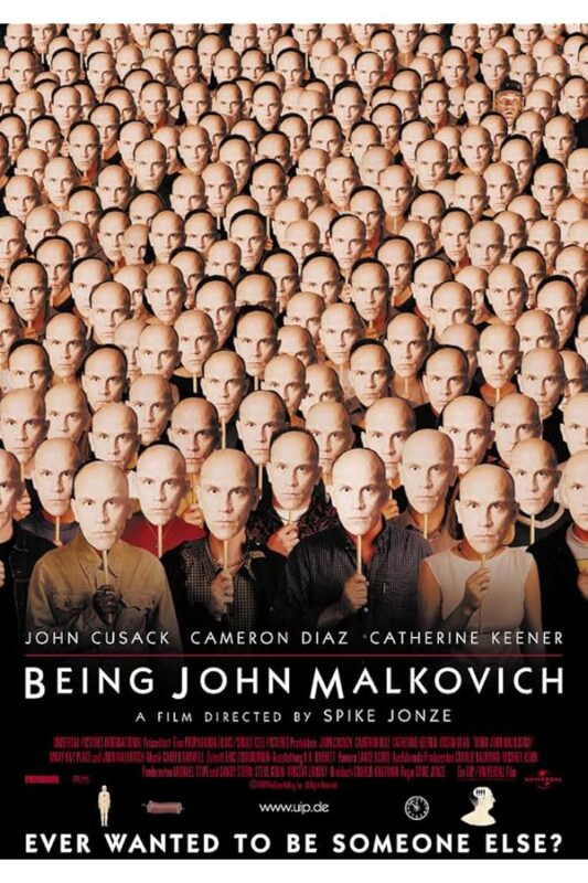 Large crowd wearing identical bald masks.