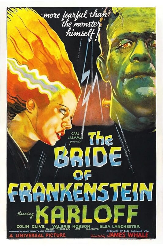 Green Frankenstein and electric-haired bride