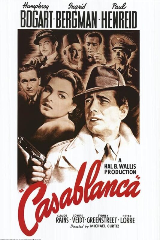 Vintage 'Casablanca' poster: man in fedora, woman