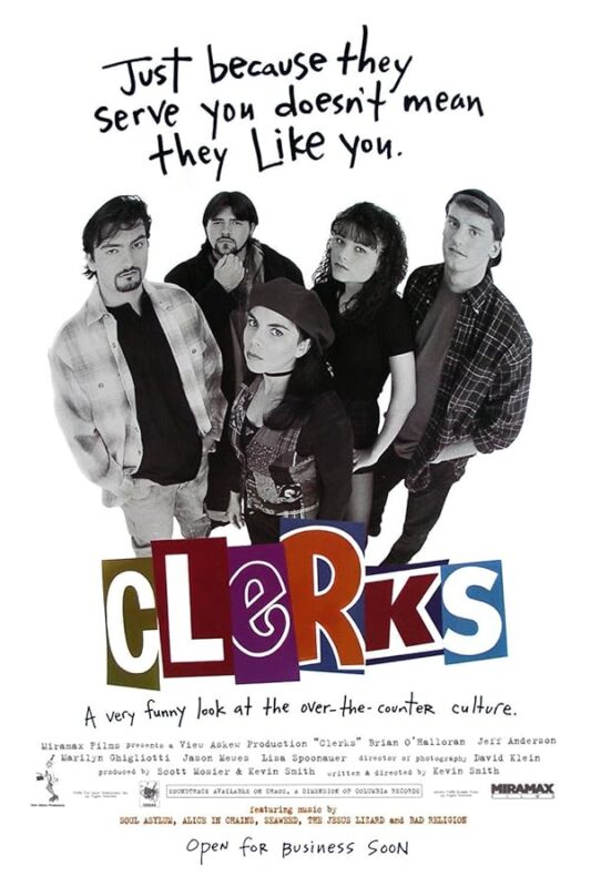 Five retail workers under colorful Clerks logo