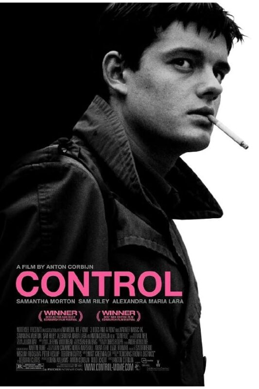 Black-and-white film poster: man smoking, CONTROL