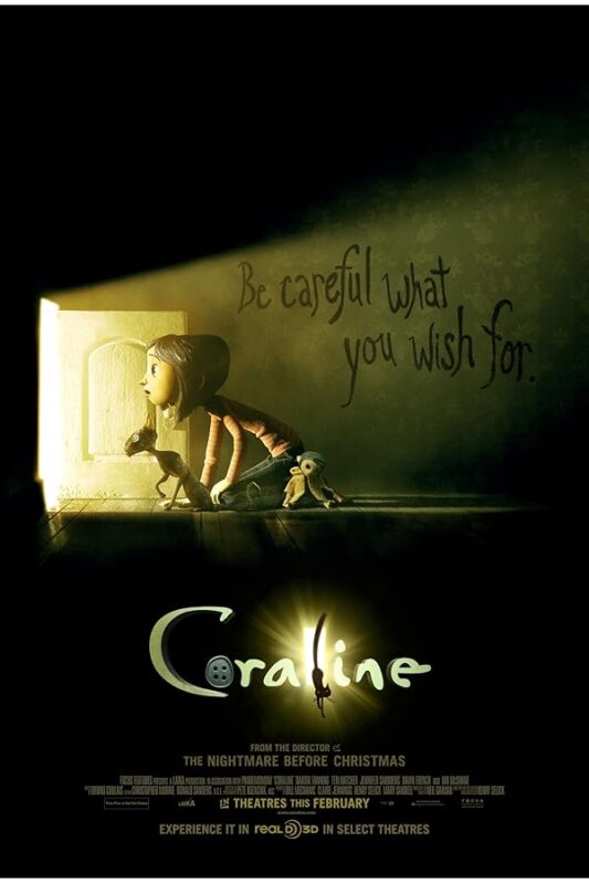 Coraline peering through a glowing doorway