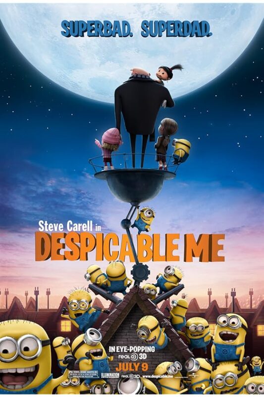 Gru and three girls above minions