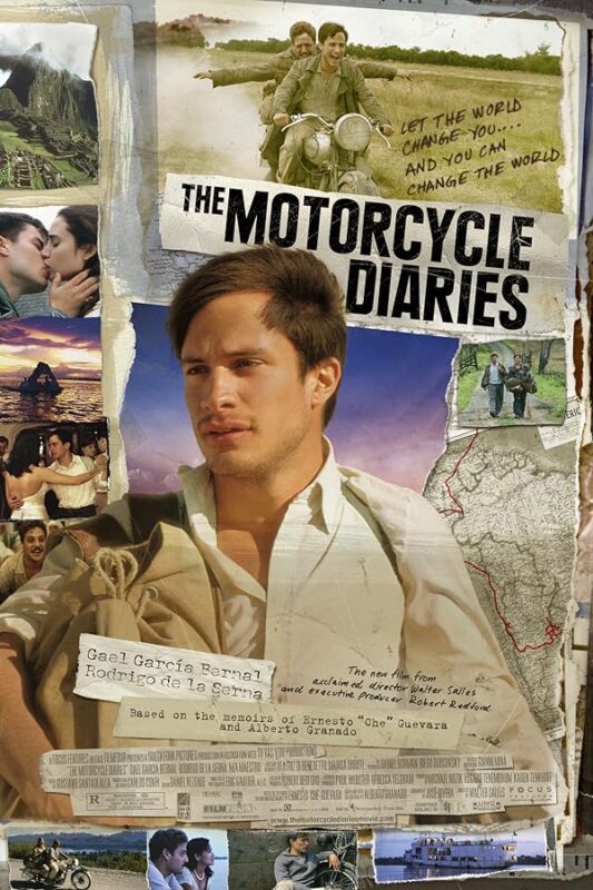 Collage poster of young traveler on motorcycle