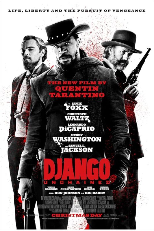 Movie poster: three gunslingers, red title.
