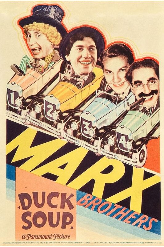 Vintage Duck Soup poster showing four drivers
