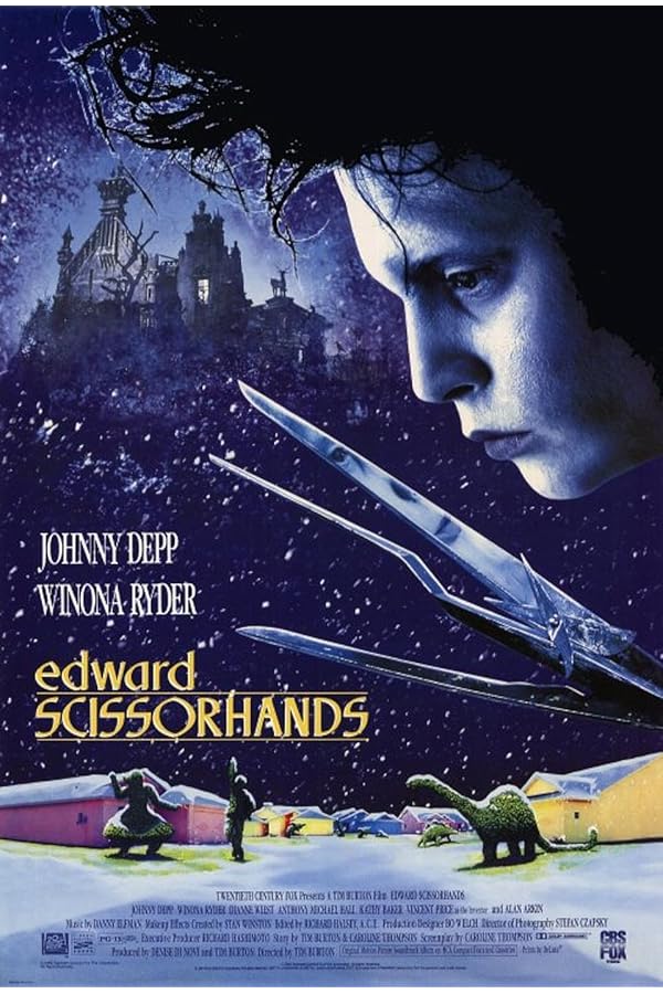 Edward Scissorhands profile over snowy town