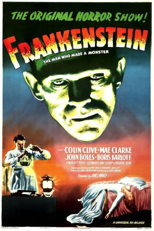 Giant glowing Frankenstein head over laboratory scene