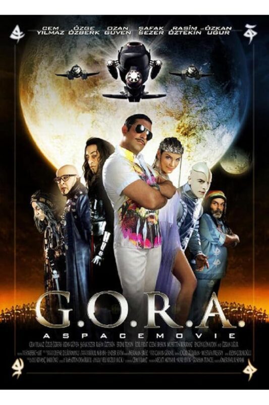 Costumed ensemble posed before planet and spaceship