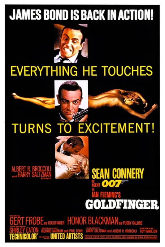 Vintage spy movie poster showing gold-painted woman