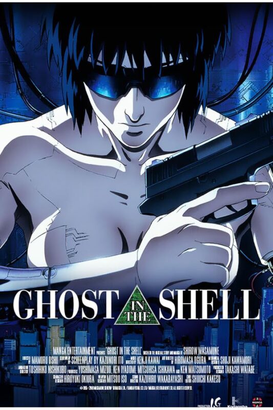 Cyborg woman in sunglasses holding gun