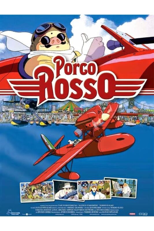 Anthropomorphic pig pilot with red seaplane