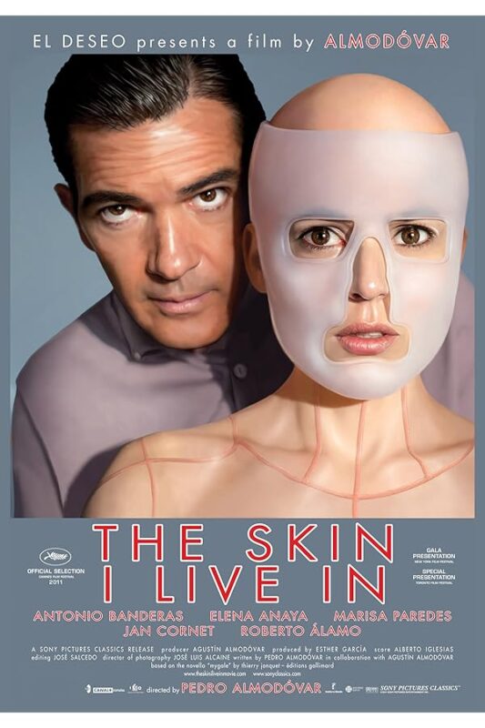 Man peering over woman in white face mask