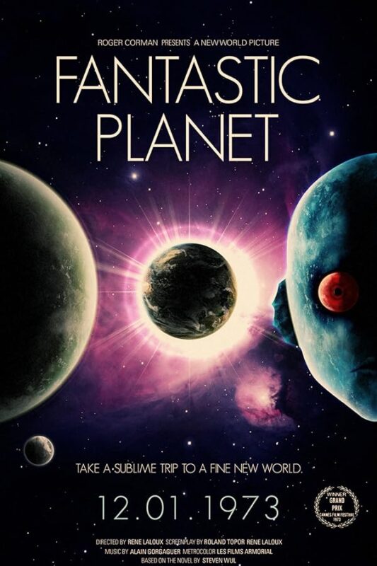 Surreal poster showing planets and blue alien