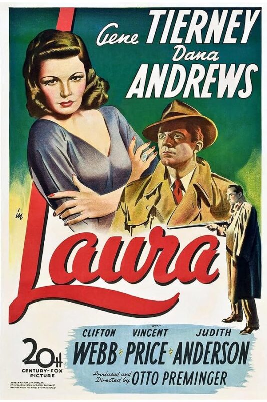 Vintage 'Laura' movie poster with portraits.