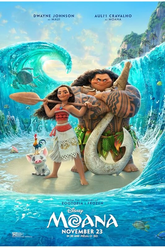 Moana with paddle, Maui holding hook.