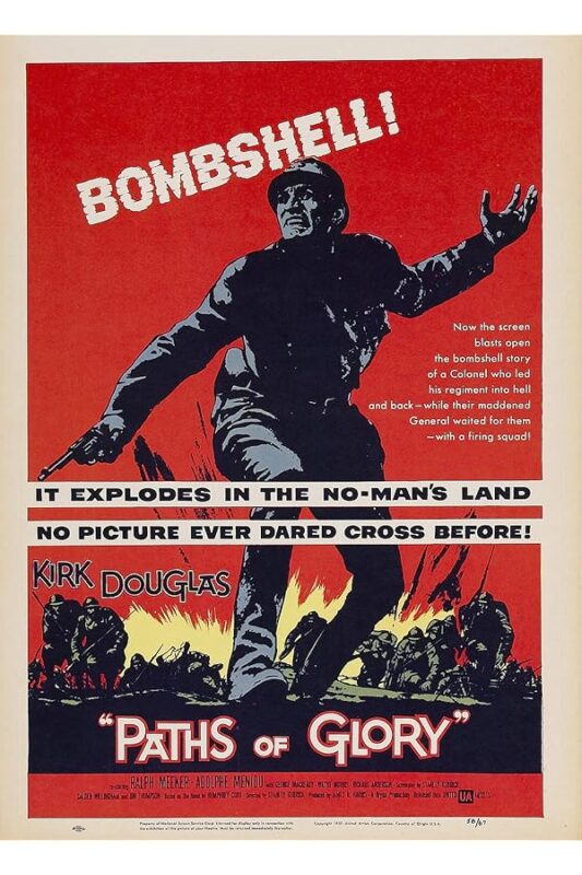 Vintage war poster: soldier charging amid explosions