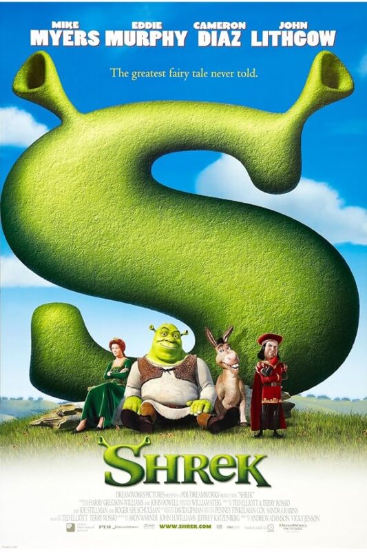 Shrek, Fiona, Donkey, Farquaad before giant green S