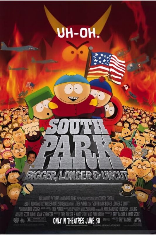 South Park characters in flames with flag