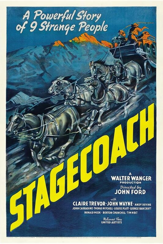 Stagecoach racing downhill pulled by horses