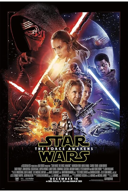 Rey and Kylo Ren with lightsabers