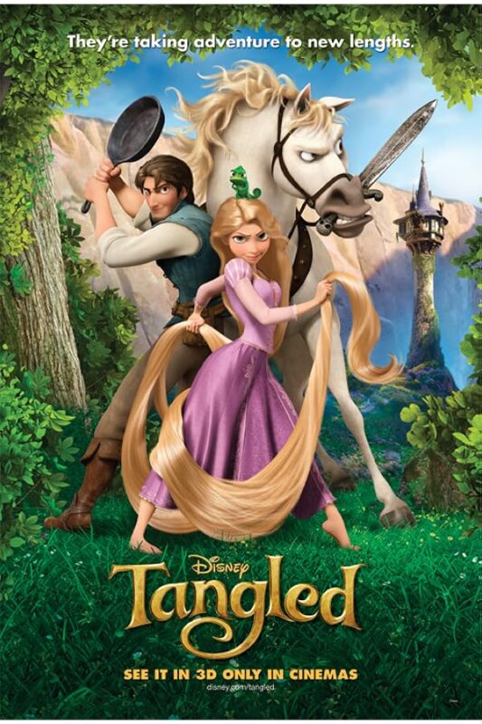 Rapunzel holding her long hair, Flynn and horse