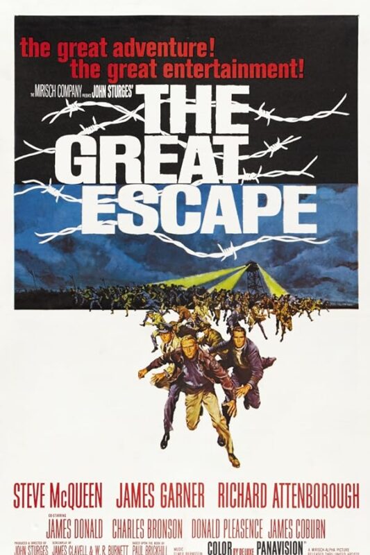 Movie poster: men running beneath barbed-wire title