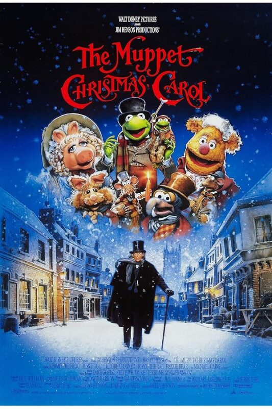 Muppets above Scrooge on snowy street