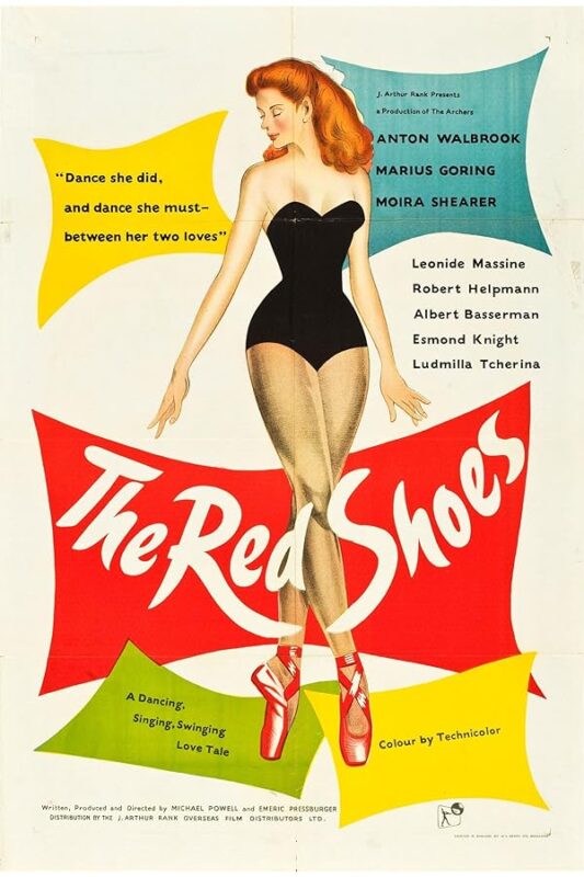 Illustrated red-haired ballerina wearing red pointe shoes