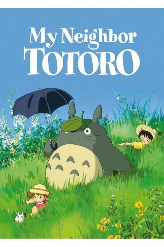 Totoro with umbrella and children in meadow