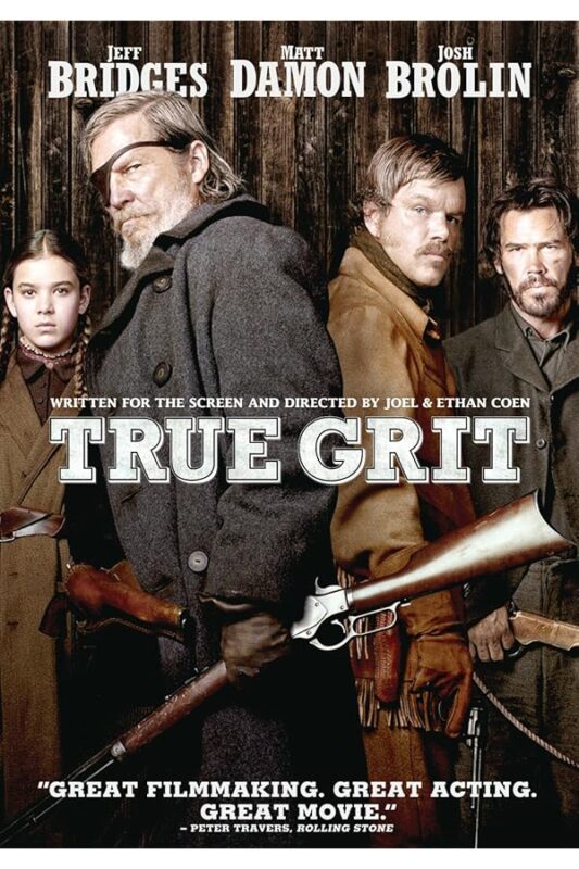 Four grim Western figures under True Grit