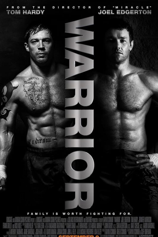 Movie poster: two shirtless fighters flanking 'WARRIOR'.