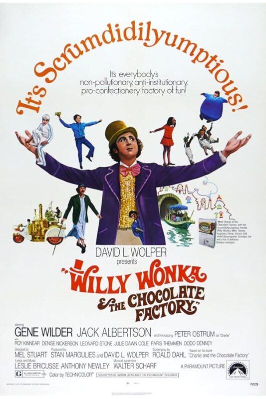 Willy Wonka poster with colorful characters.