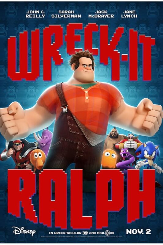 Wreck-It Ralph standing with retro game characters