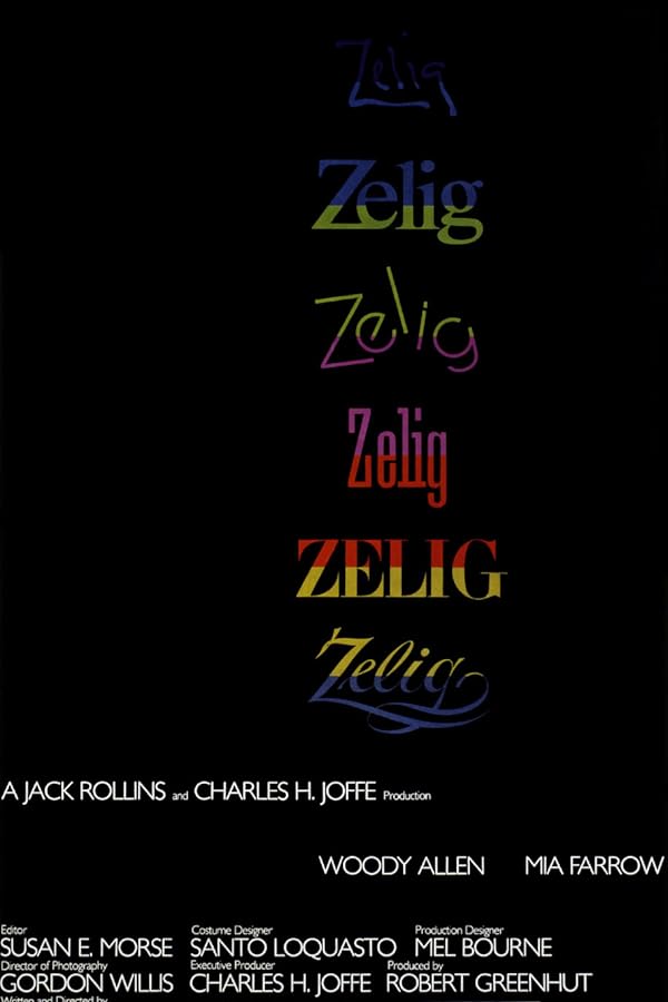 Black poster with stacked colorful Zelig titles