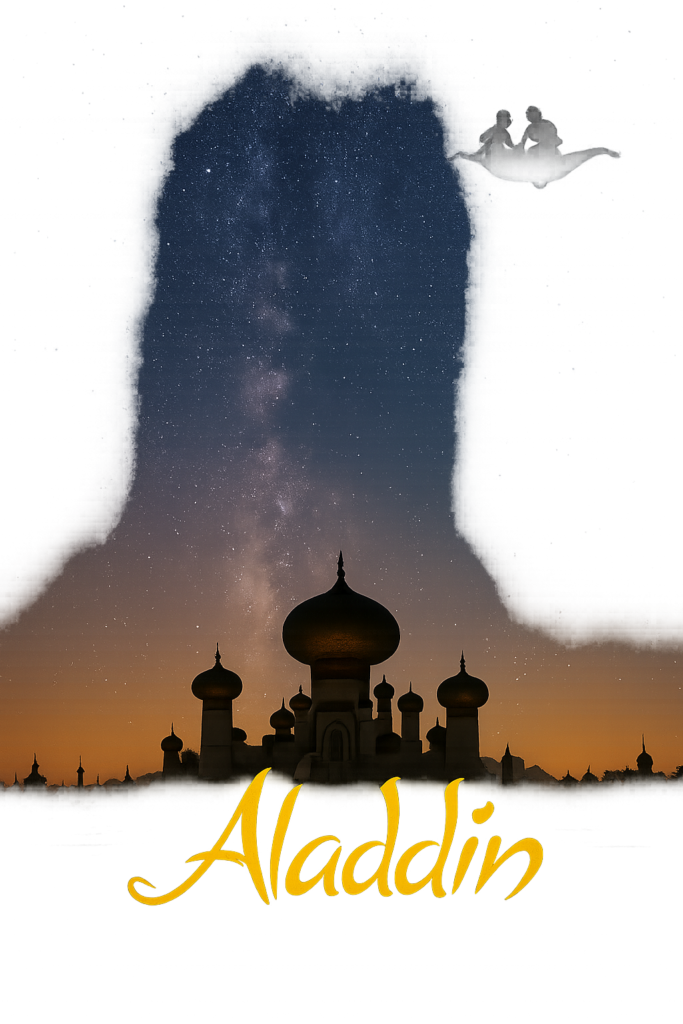 Silhouetted palace, flying carpet, genie-shaped sky