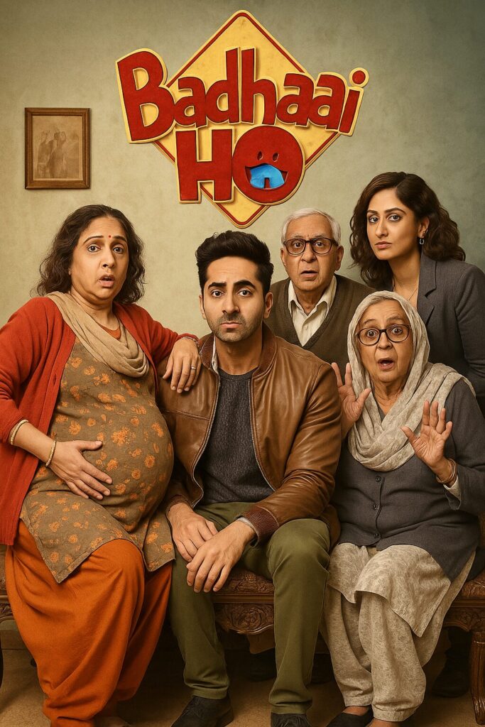 Shocked family posed under Badhaai Ho title