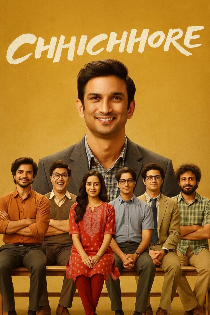 Film poster: large smiling man above friends.