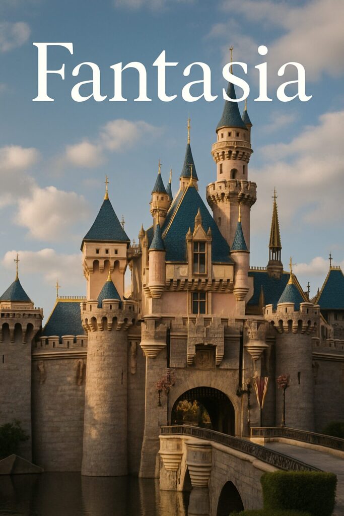 Castle with blue turrets and Fantasia title