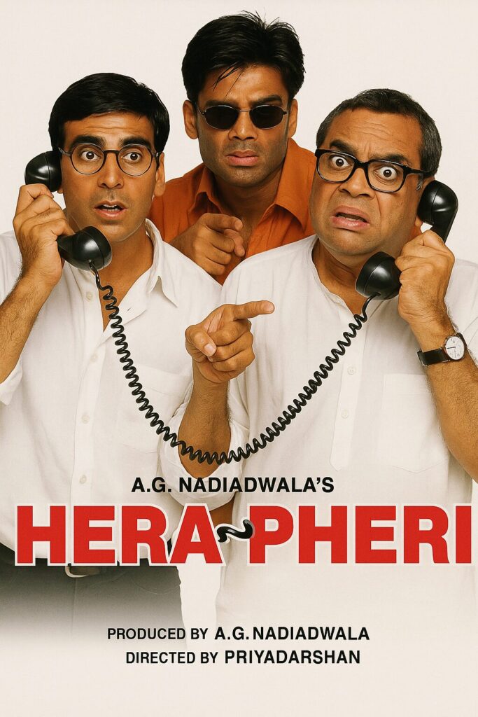 Three men holding telephones, looking surprised.