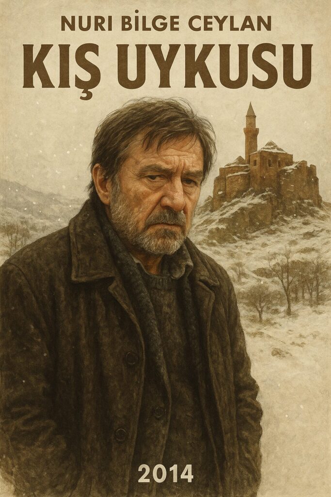 Bearded man in coat before snowy castle.