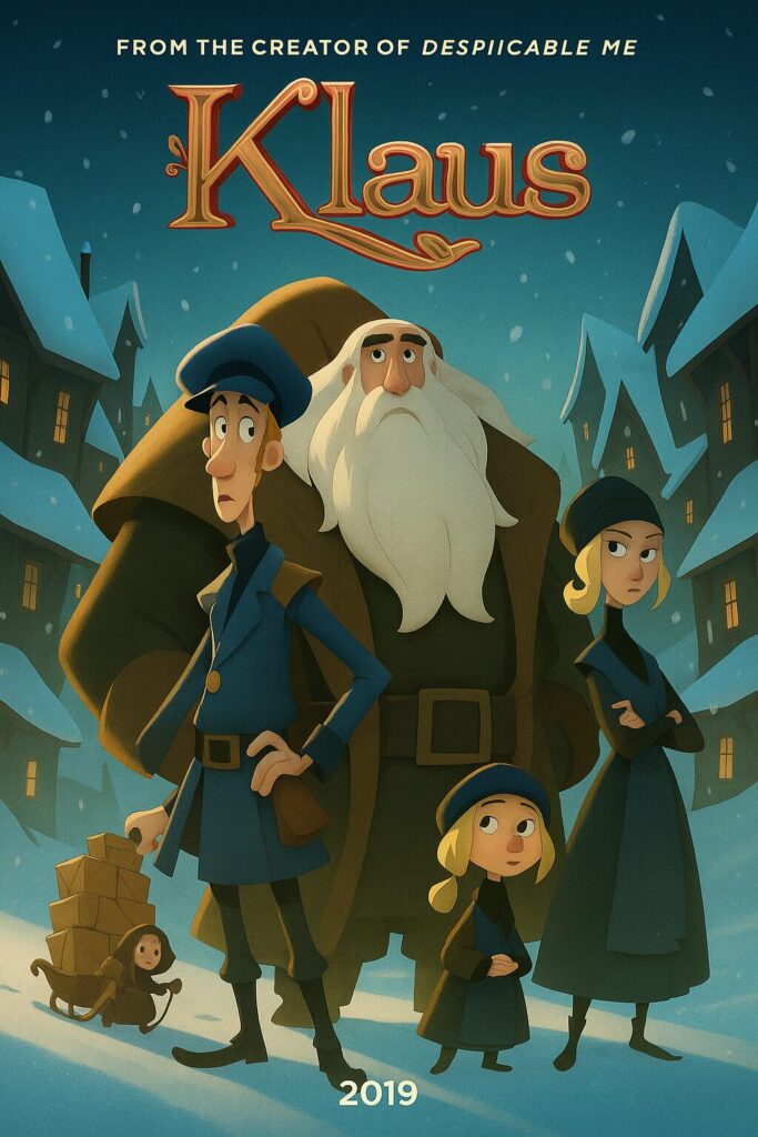 Animated bearded Santa-like figure with three villagers