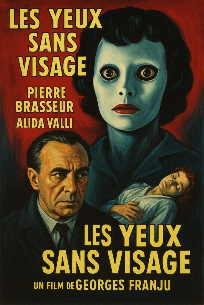 Pale masked face looming over uneasy man