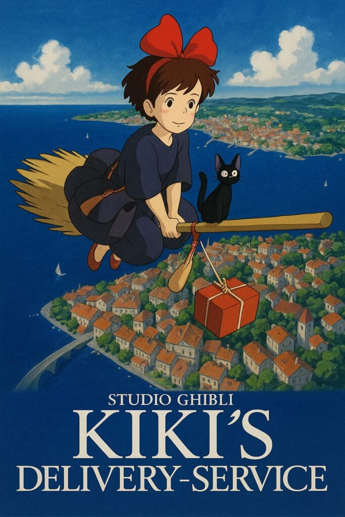 Young witch on broom over seaside town