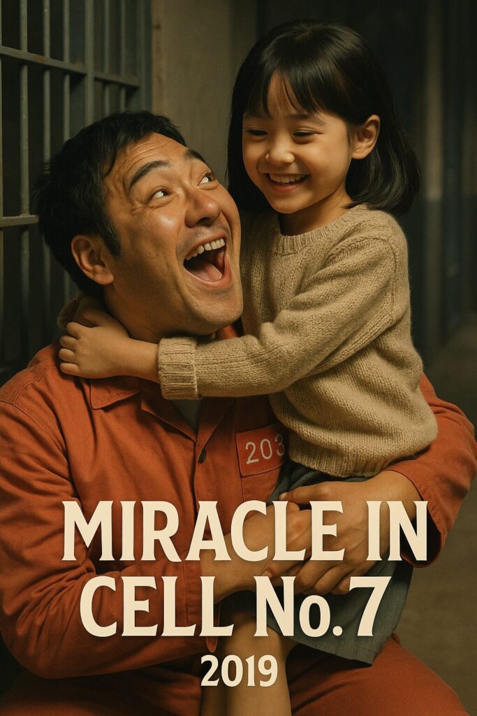 Smiling father in prison uniform hugging daughter