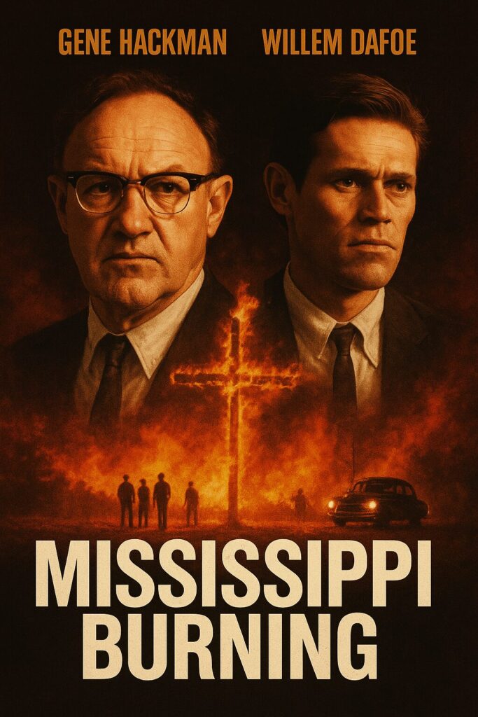 Two stern male portraits above burning cross