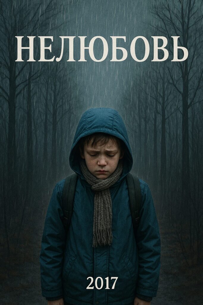 Sad hooded boy standing in rainy forest