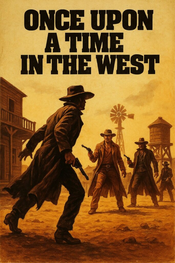 Three gunfighters in sepia Western standoff